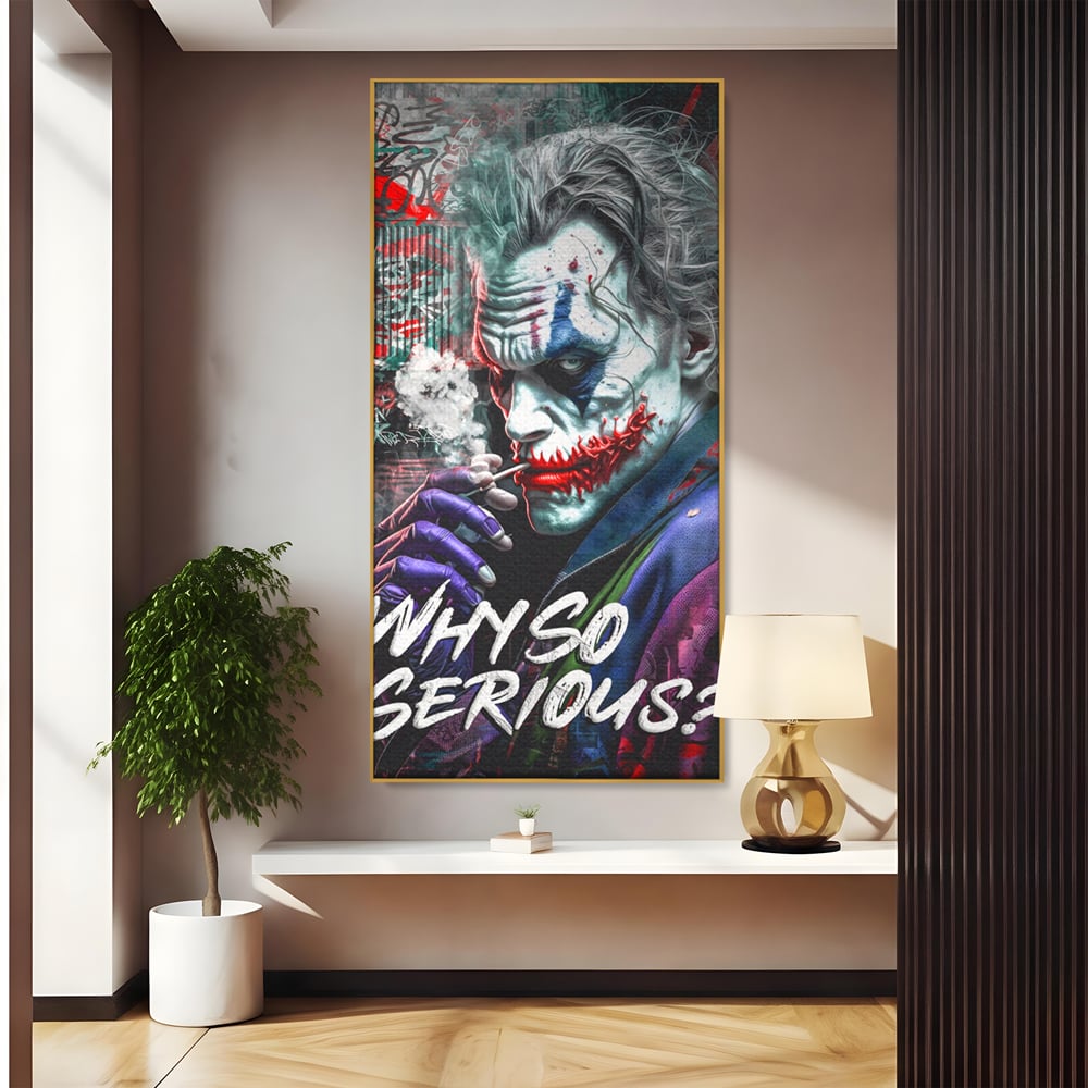 Tablou canvas cu tablou canvas cu jokerul fumand, in rama de aluminiu auriu